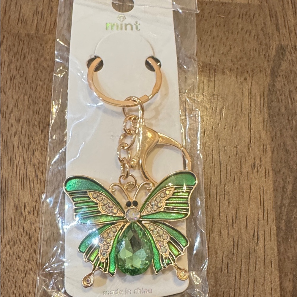 Green Rhinestone Butterfly Keychain
